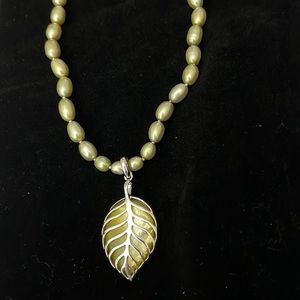 HONORA Green Fresh Water Pearl Necklace with Sterling Silver Leaf RemoverPendant